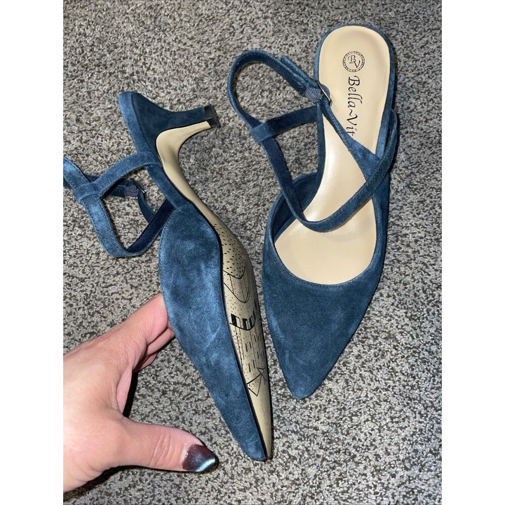 Bella Vita Navy Suede Pointed Toe Mary Jane Heels Open Back Size 9 Kitten Heel - Picture 3 of 7